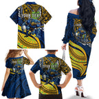 Personalised Parramatta Eels Family Matching Off The Shoulder Long Sleeve Dress and Hawaiian Shirt Polynesian Tribal Art Style With Muscular Eel Mascot
