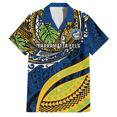 Personalised Parramatta Eels Family Matching Off The Shoulder Long Sleeve Dress and Hawaiian Shirt Polynesian Tribal Art Style With Muscular Eel Mascot