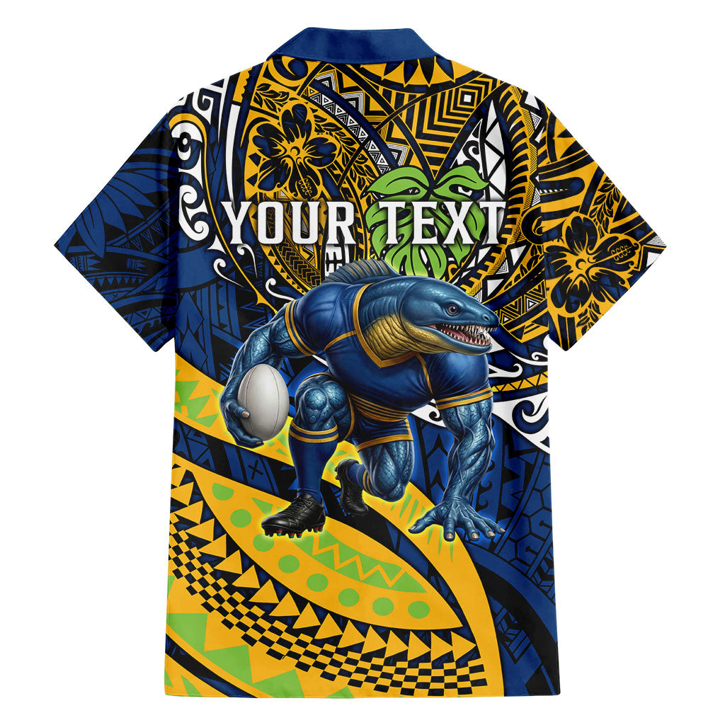 Personalised Parramatta Eels Family Matching Off The Shoulder Long Sleeve Dress and Hawaiian Shirt Polynesian Tribal Art Style With Muscular Eel Mascot