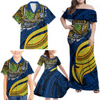 Personalised Parramatta Eels Family Matching Off Shoulder Maxi Dress and Hawaiian Shirt Polynesian Tribal Art Style With Muscular Eel Mascot