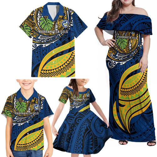 Personalised Parramatta Eels Family Matching Off Shoulder Maxi Dress and Hawaiian Shirt Polynesian Tribal Art Style With Muscular Eel Mascot