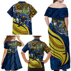 Personalised Parramatta Eels Family Matching Off Shoulder Maxi Dress and Hawaiian Shirt Polynesian Tribal Art Style With Muscular Eel Mascot