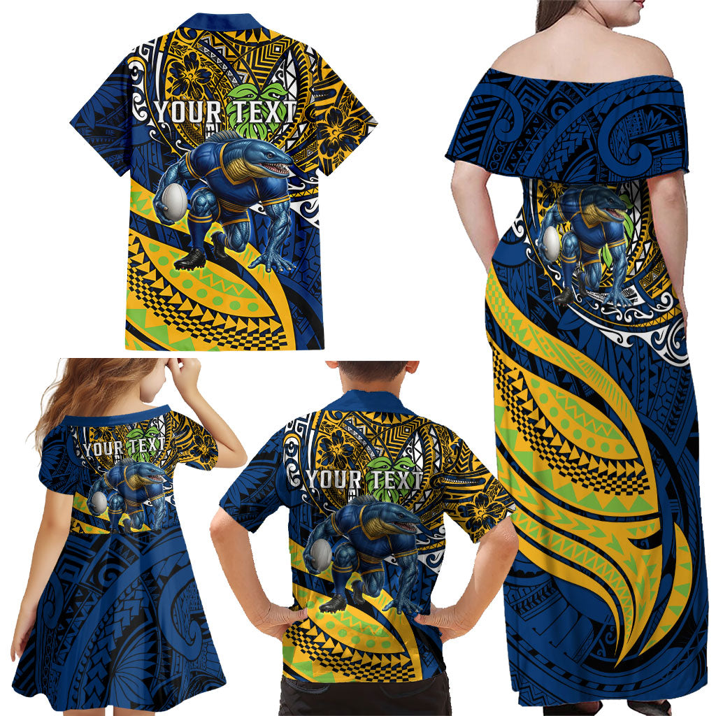 Personalised Parramatta Eels Family Matching Off Shoulder Maxi Dress and Hawaiian Shirt Polynesian Tribal Art Style With Muscular Eel Mascot