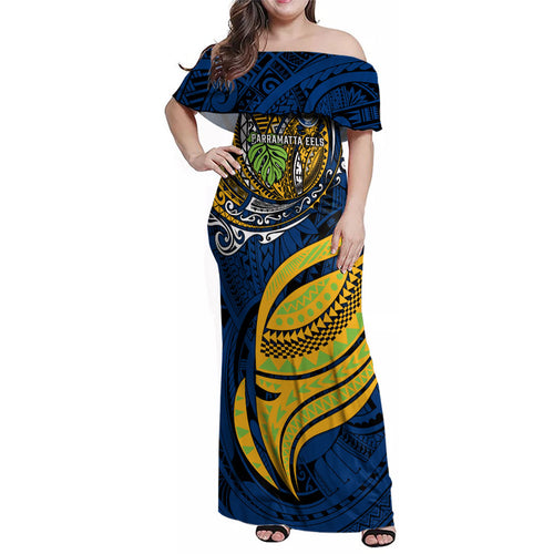 Personalised Parramatta Eels Family Matching Off Shoulder Maxi Dress and Hawaiian Shirt Polynesian Tribal Art Style With Muscular Eel Mascot