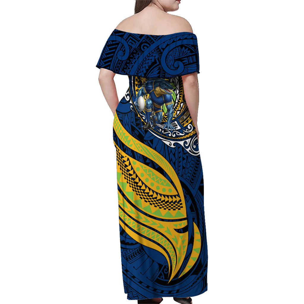 Personalised Parramatta Eels Family Matching Off Shoulder Maxi Dress and Hawaiian Shirt Polynesian Tribal Art Style With Muscular Eel Mascot