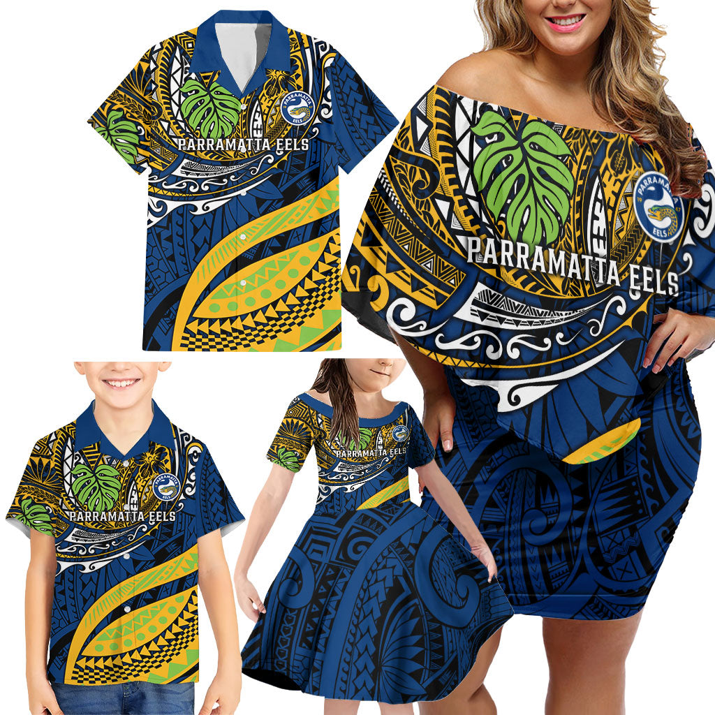 Personalised Parramatta Eels Family Matching Off Shoulder Short Dress and Hawaiian Shirt Polynesian Tribal Art Style With Muscular Eel Mascot