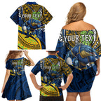 Personalised Parramatta Eels Family Matching Off Shoulder Short Dress and Hawaiian Shirt Polynesian Tribal Art Style With Muscular Eel Mascot