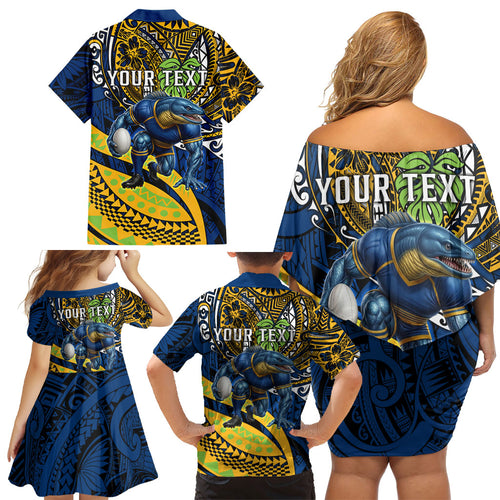 Personalised Parramatta Eels Family Matching Off Shoulder Short Dress and Hawaiian Shirt Polynesian Tribal Art Style With Muscular Eel Mascot