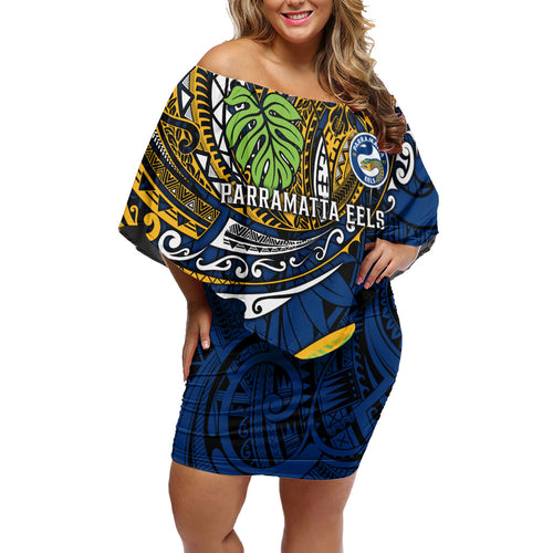 Personalised Parramatta Eels Family Matching Off Shoulder Short Dress and Hawaiian Shirt Polynesian Tribal Art Style With Muscular Eel Mascot