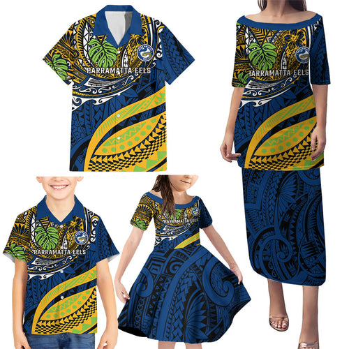 Personalised Parramatta Eels Family Matching Puletasi and Hawaiian Shirt Polynesian Tribal Art Style With Muscular Eel Mascot