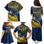 Personalised Parramatta Eels Family Matching Puletasi and Hawaiian Shirt Polynesian Tribal Art Style With Muscular Eel Mascot