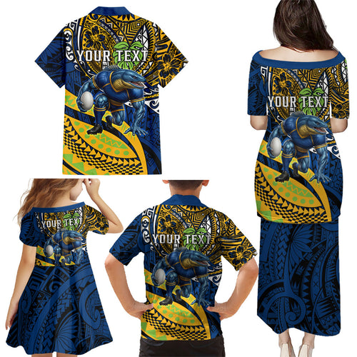 Personalised Parramatta Eels Family Matching Puletasi and Hawaiian Shirt Polynesian Tribal Art Style With Muscular Eel Mascot