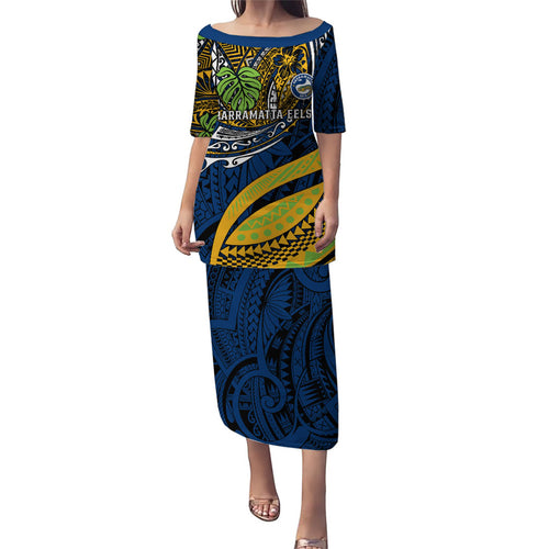 Personalised Parramatta Eels Family Matching Puletasi and Hawaiian Shirt Polynesian Tribal Art Style With Muscular Eel Mascot