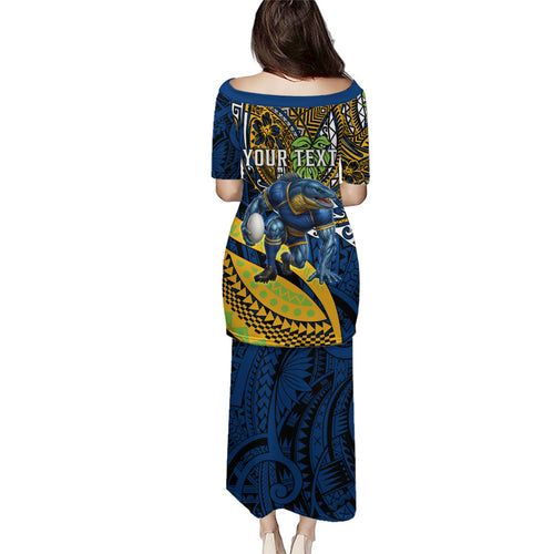 Personalised Parramatta Eels Family Matching Puletasi and Hawaiian Shirt Polynesian Tribal Art Style With Muscular Eel Mascot