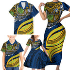 Personalised Parramatta Eels Family Matching Short Sleeve Bodycon Dress and Hawaiian Shirt Polynesian Tribal Art Style With Muscular Eel Mascot