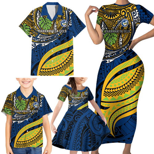 Personalised Parramatta Eels Family Matching Short Sleeve Bodycon Dress and Hawaiian Shirt Polynesian Tribal Art Style With Muscular Eel Mascot