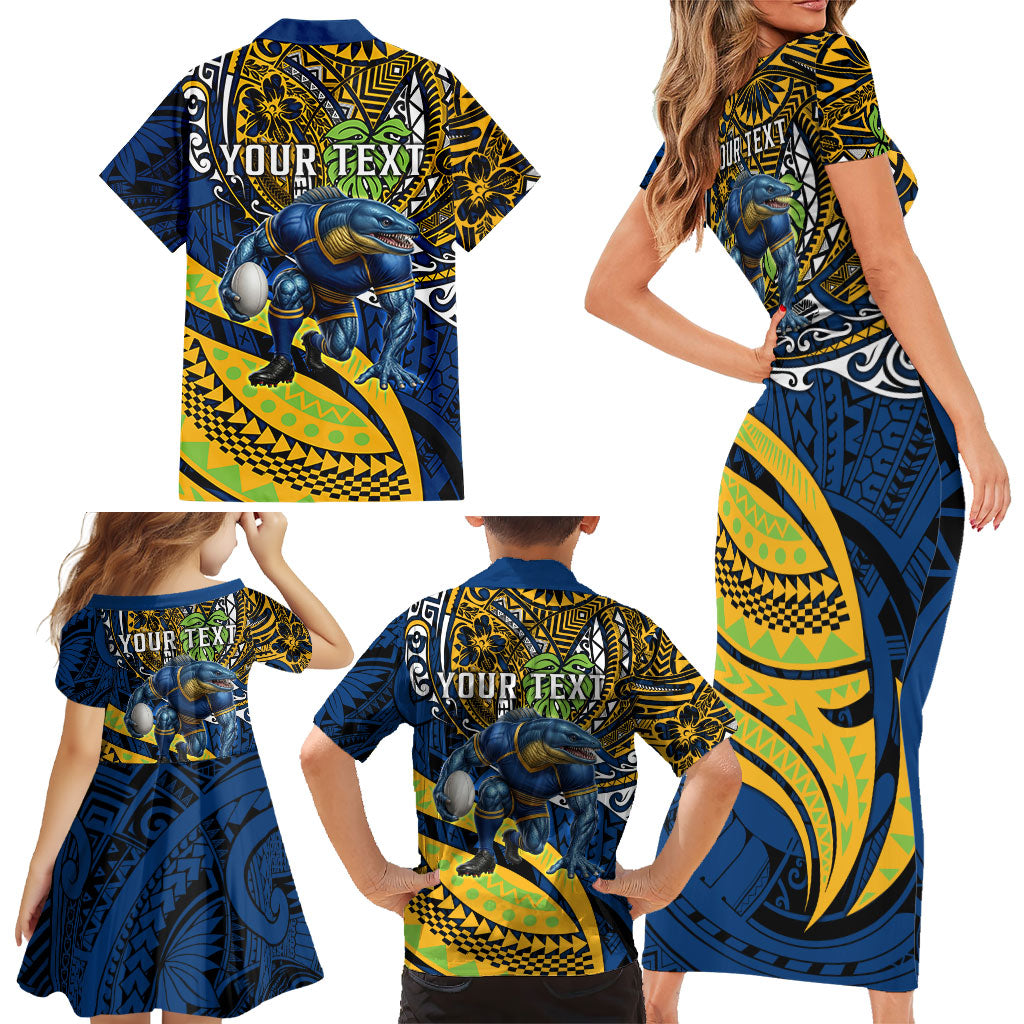 Personalised Parramatta Eels Family Matching Short Sleeve Bodycon Dress and Hawaiian Shirt Polynesian Tribal Art Style With Muscular Eel Mascot