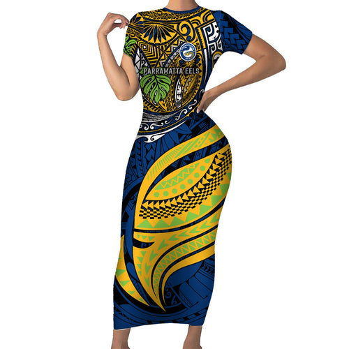 Personalised Parramatta Eels Family Matching Short Sleeve Bodycon Dress and Hawaiian Shirt Polynesian Tribal Art Style With Muscular Eel Mascot