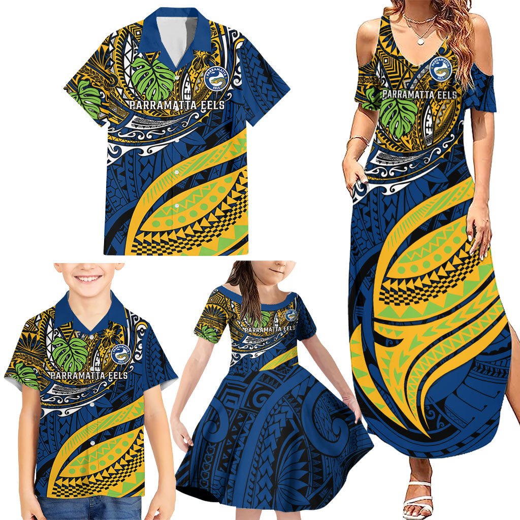 Personalised Parramatta Eels Family Matching Summer Maxi Dress and Hawaiian Shirt Polynesian Tribal Art Style With Muscular Eel Mascot