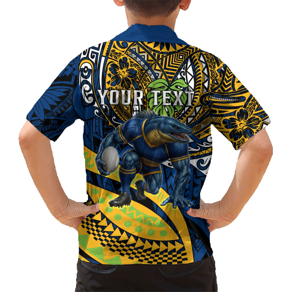 Personalised Parramatta Eels Family Matching Summer Maxi Dress and Hawaiian Shirt Polynesian Tribal Art Style With Muscular Eel Mascot