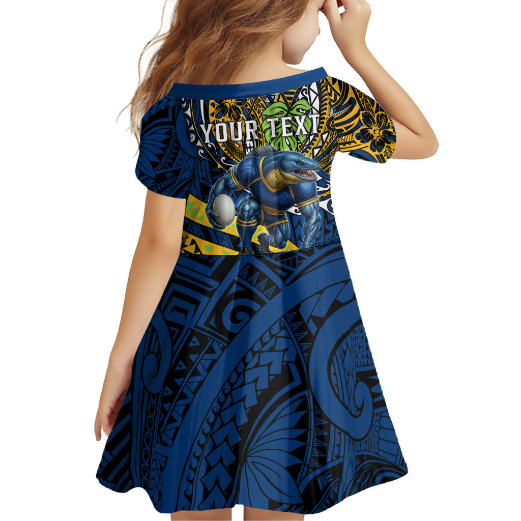 Personalised Parramatta Eels Family Matching Summer Maxi Dress and Hawaiian Shirt Polynesian Tribal Art Style With Muscular Eel Mascot