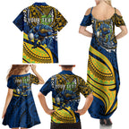 Personalised Parramatta Eels Family Matching Summer Maxi Dress and Hawaiian Shirt Polynesian Tribal Art Style With Muscular Eel Mascot
