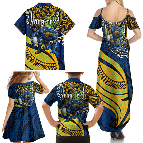 Personalised Parramatta Eels Family Matching Summer Maxi Dress and Hawaiian Shirt Polynesian Tribal Art Style With Muscular Eel Mascot