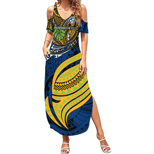 Personalised Parramatta Eels Family Matching Summer Maxi Dress and Hawaiian Shirt Polynesian Tribal Art Style With Muscular Eel Mascot