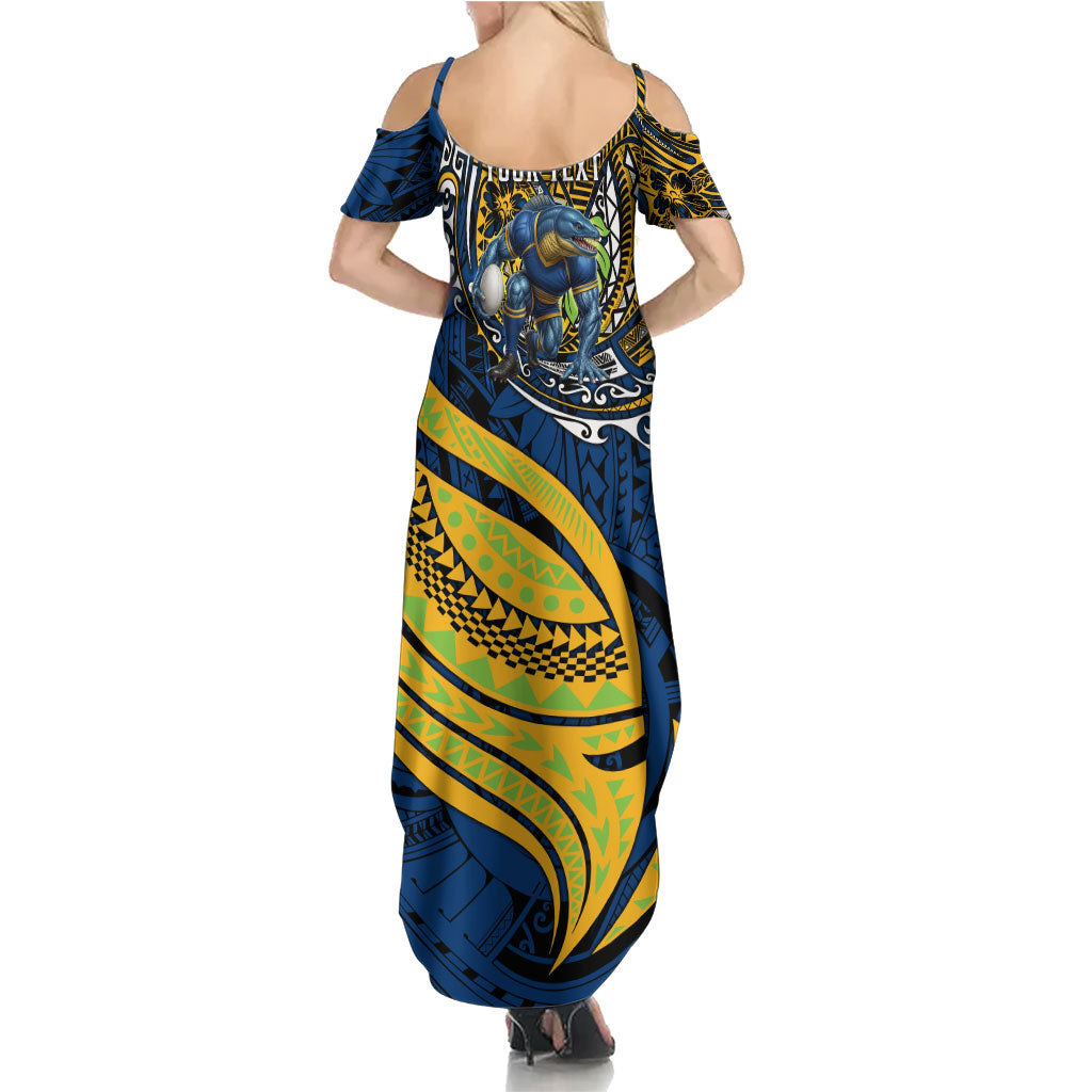 Personalised Parramatta Eels Family Matching Summer Maxi Dress and Hawaiian Shirt Polynesian Tribal Art Style With Muscular Eel Mascot