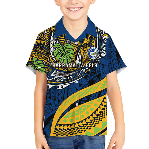 Personalised Parramatta Eels Family Matching Summer Maxi Dress and Hawaiian Shirt Polynesian Tribal Art Style With Muscular Eel Mascot