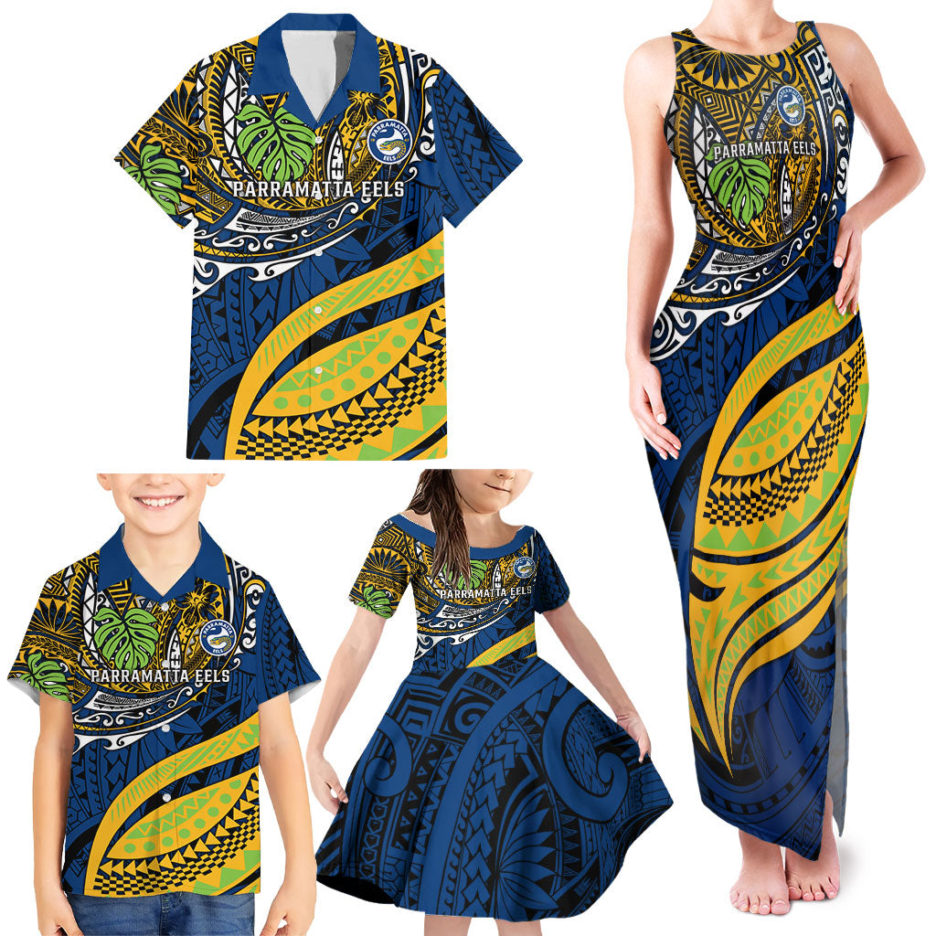 Personalised Parramatta Eels Family Matching Tank Maxi Dress and Hawaiian Shirt Polynesian Tribal Art Style With Muscular Eel Mascot
