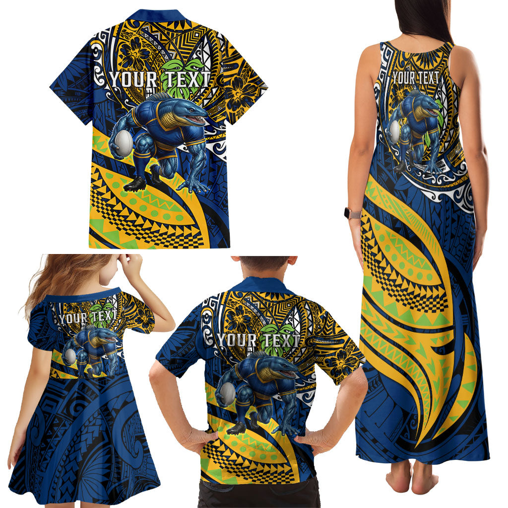 Personalised Parramatta Eels Family Matching Tank Maxi Dress and Hawaiian Shirt Polynesian Tribal Art Style With Muscular Eel Mascot