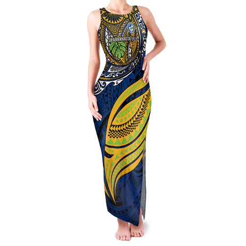 Personalised Parramatta Eels Family Matching Tank Maxi Dress and Hawaiian Shirt Polynesian Tribal Art Style With Muscular Eel Mascot