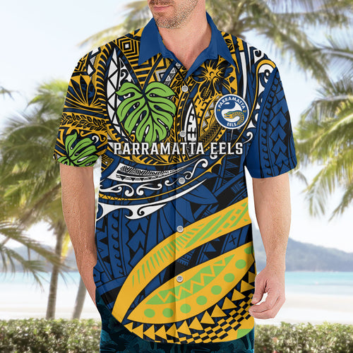 Personalised Parramatta Eels Hawaiian Shirt Polynesian Tribal Art Style With Muscular Eel Mascot