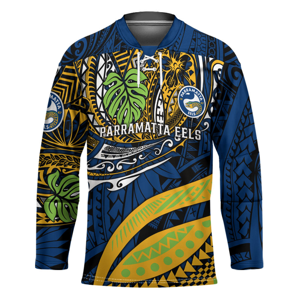 Personalised Parramatta Eels Hockey Jersey Polynesian Tribal Art Style With Muscular Eel Mascot