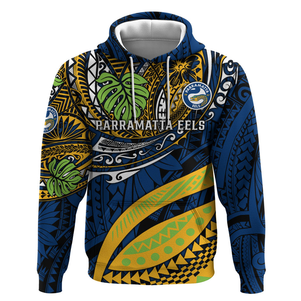 Personalised Parramatta Eels Hoodie Polynesian Tribal Art Style With Muscular Eel Mascot