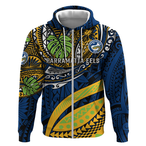 Personalised Parramatta Eels Hoodie Polynesian Tribal Art Style With Muscular Eel Mascot