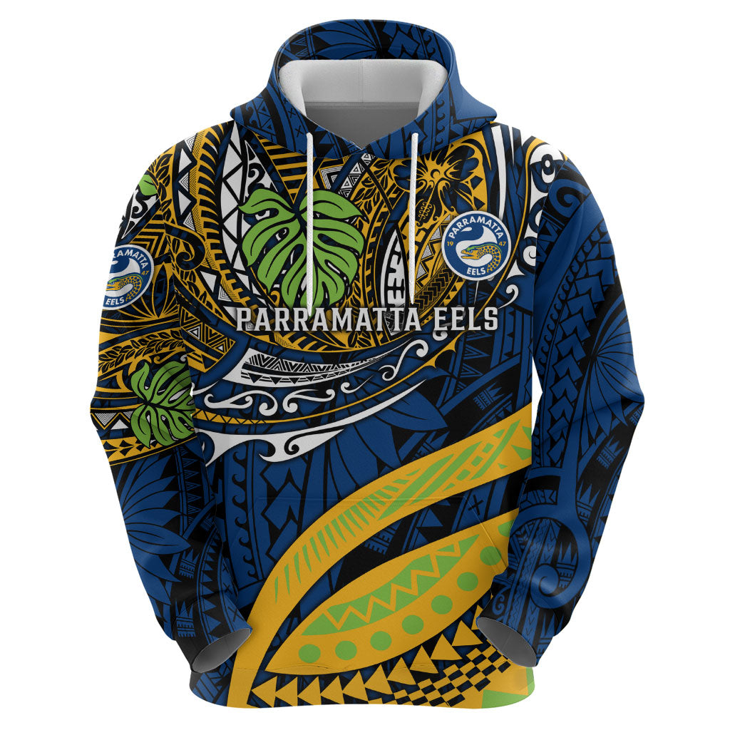Personalised Parramatta Eels Hoodie Polynesian Tribal Art Style With Muscular Eel Mascot