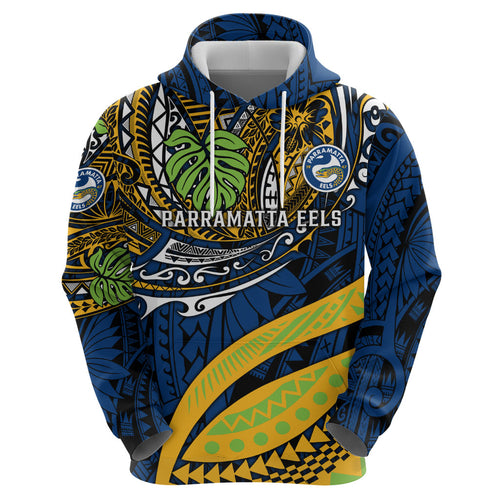 Personalised Parramatta Eels Hoodie Polynesian Tribal Art Style With Muscular Eel Mascot
