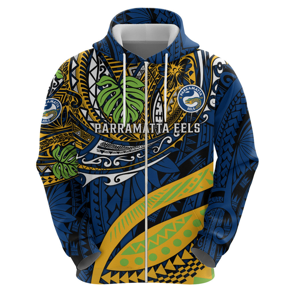 Personalised Parramatta Eels Hoodie Polynesian Tribal Art Style With Muscular Eel Mascot