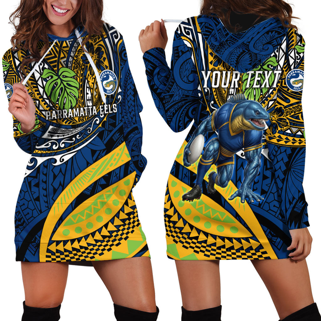 Personalised Parramatta Eels Hoodie Dress Polynesian Tribal Art Style With Muscular Eel Mascot
