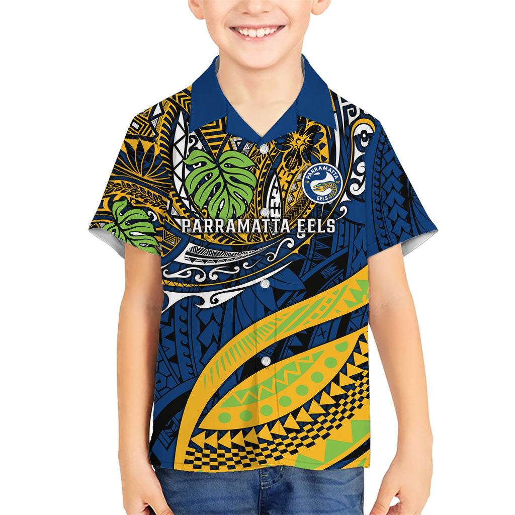 Personalised Parramatta Eels Kid Hawaiian Shirt Polynesian Tribal Art Style With Muscular Eel Mascot