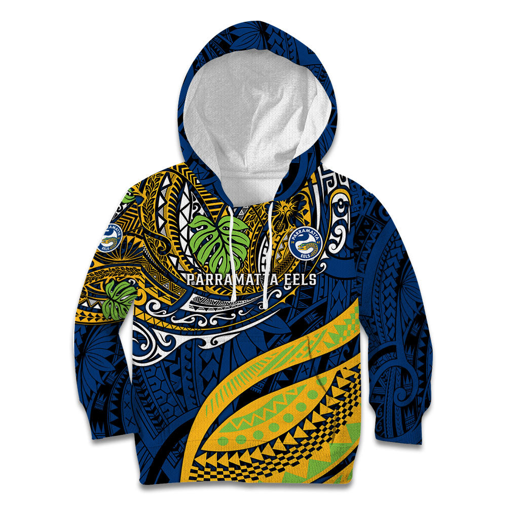 Personalised Parramatta Eels Kid Hoodie Polynesian Tribal Art Style With Muscular Eel Mascot