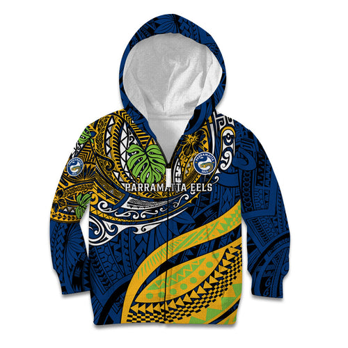 Personalised Parramatta Eels Kid Hoodie Polynesian Tribal Art Style With Muscular Eel Mascot