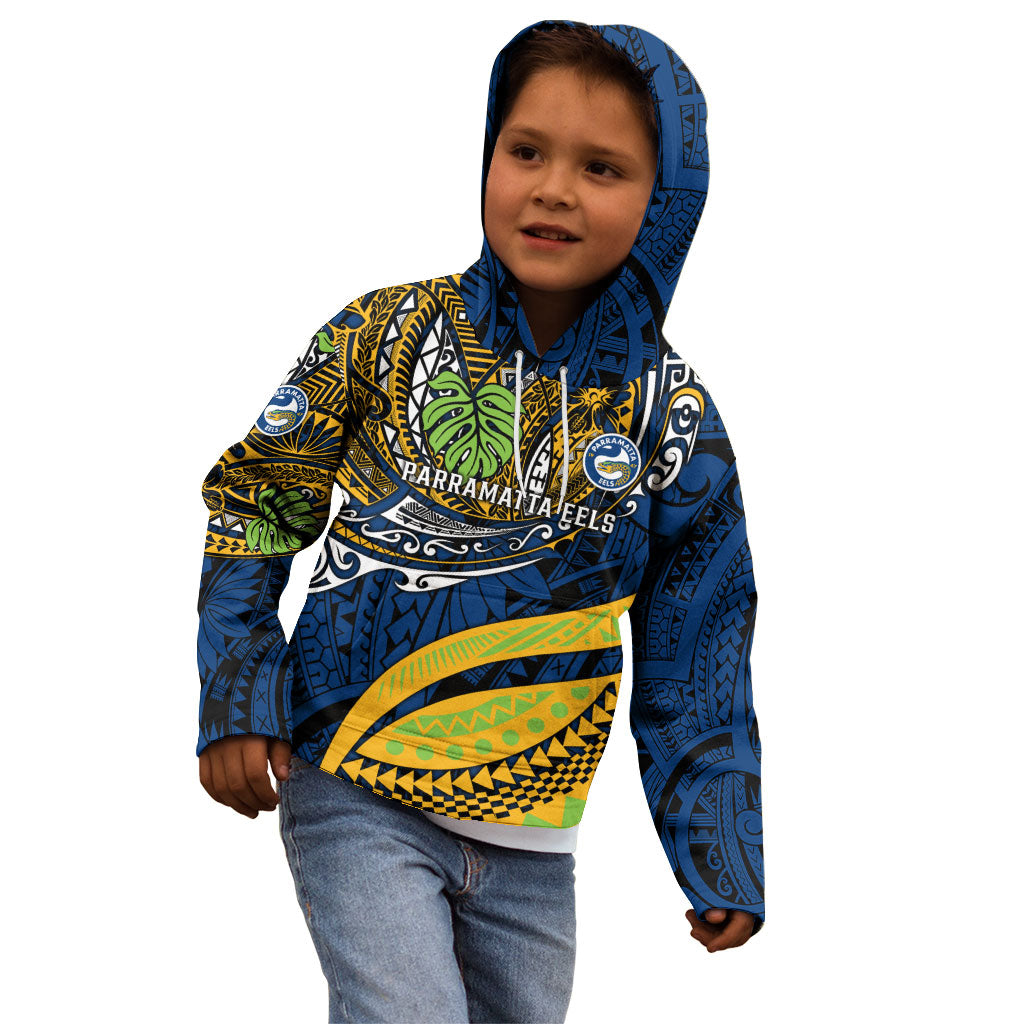 Personalised Parramatta Eels Kid Hoodie Polynesian Tribal Art Style With Muscular Eel Mascot