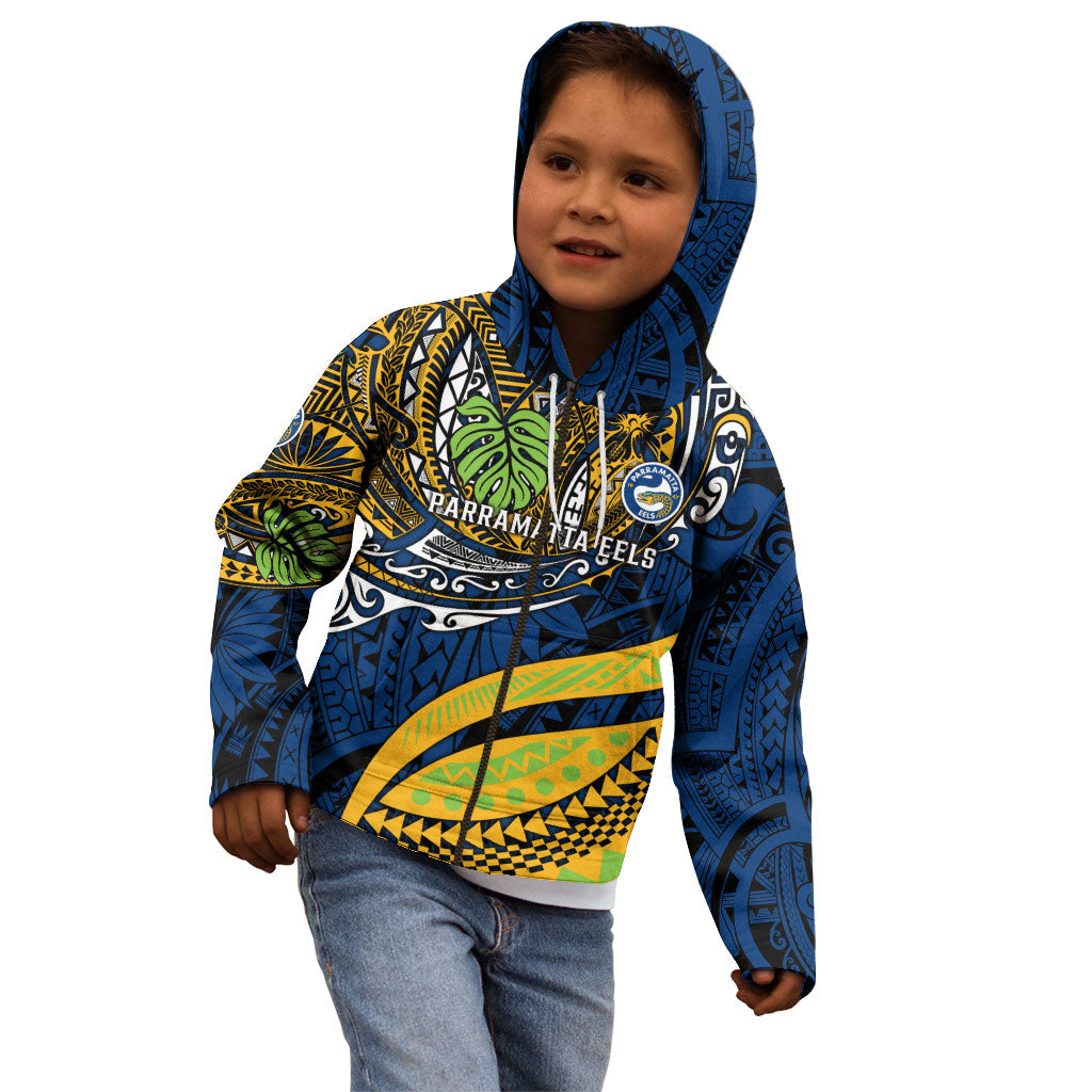 Personalised Parramatta Eels Kid Hoodie Polynesian Tribal Art Style With Muscular Eel Mascot