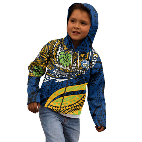 Personalised Parramatta Eels Kid Hoodie Polynesian Tribal Art Style With Muscular Eel Mascot
