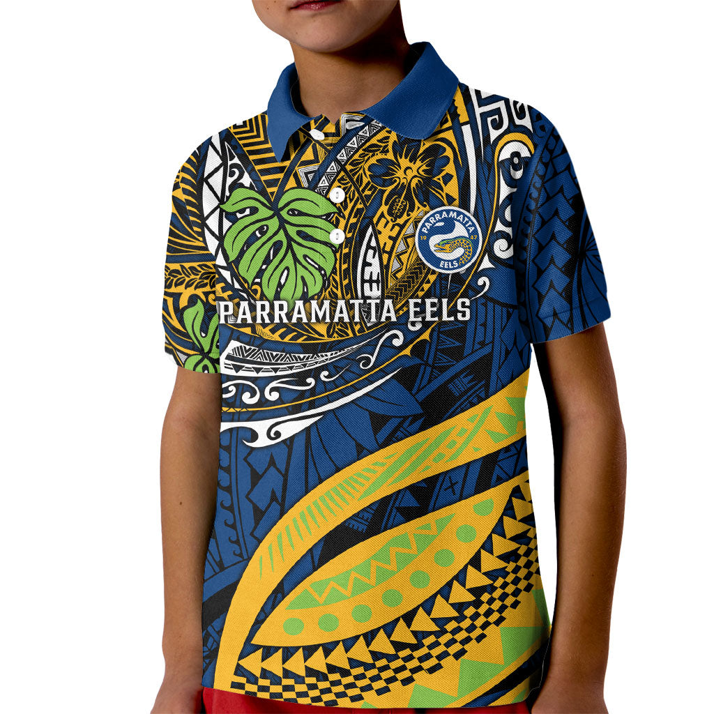 Personalised Parramatta Eels Kid Polo Shirt Polynesian Tribal Art Style With Muscular Eel Mascot