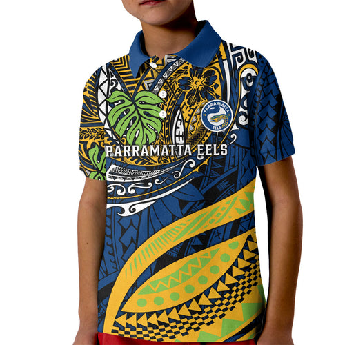 Personalised Parramatta Eels Kid Polo Shirt Polynesian Tribal Art Style With Muscular Eel Mascot