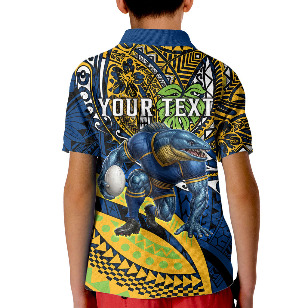 Personalised Parramatta Eels Kid Polo Shirt Polynesian Tribal Art Style With Muscular Eel Mascot